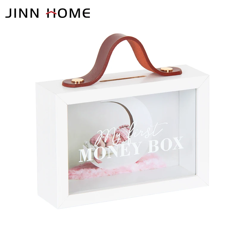 Customized Wooden Shadow Money Box With Leather Strap For Saving Coin