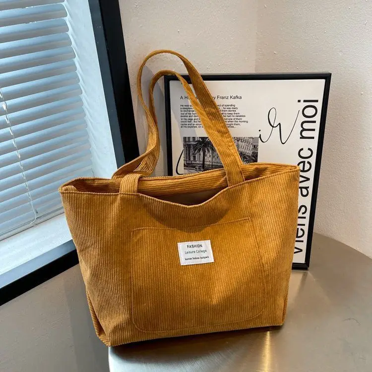 Eco Friendly Reusable Girls Small Large Shopper Corduroy Totes Shoulder Bags With Custom Printed Logo supplier