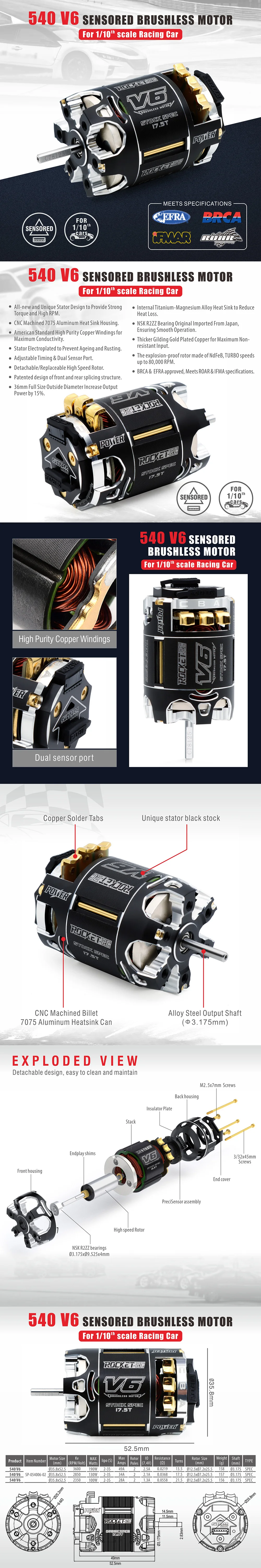 Surpass Hobby Rnewest Rocket 540 V6 Sensored Motor Stock Spec Sensored