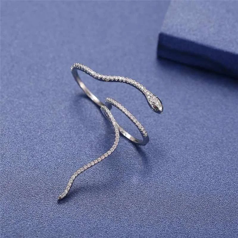 Punk Snake Shape Rings Silver Color Adjustable Crystal Cubic Zirconia Rings Party Bijoux Personality Jewelry for Women