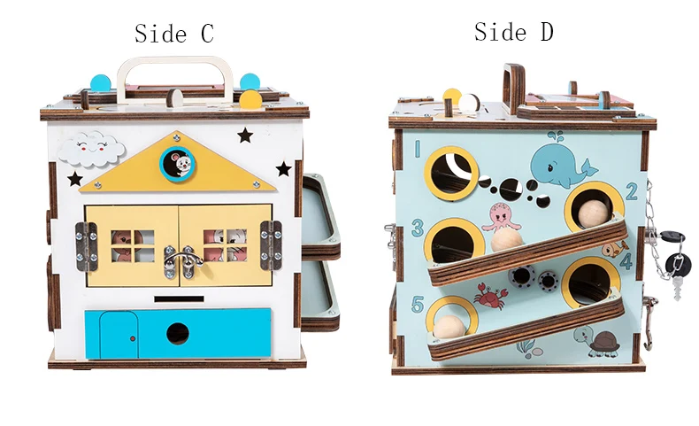 Multifunktionale Früherziehungsaktivität für Kinder, sensorisches Spielzeug, Busy Box, hölzernes Montessori-Busy Board für Kinder, Details