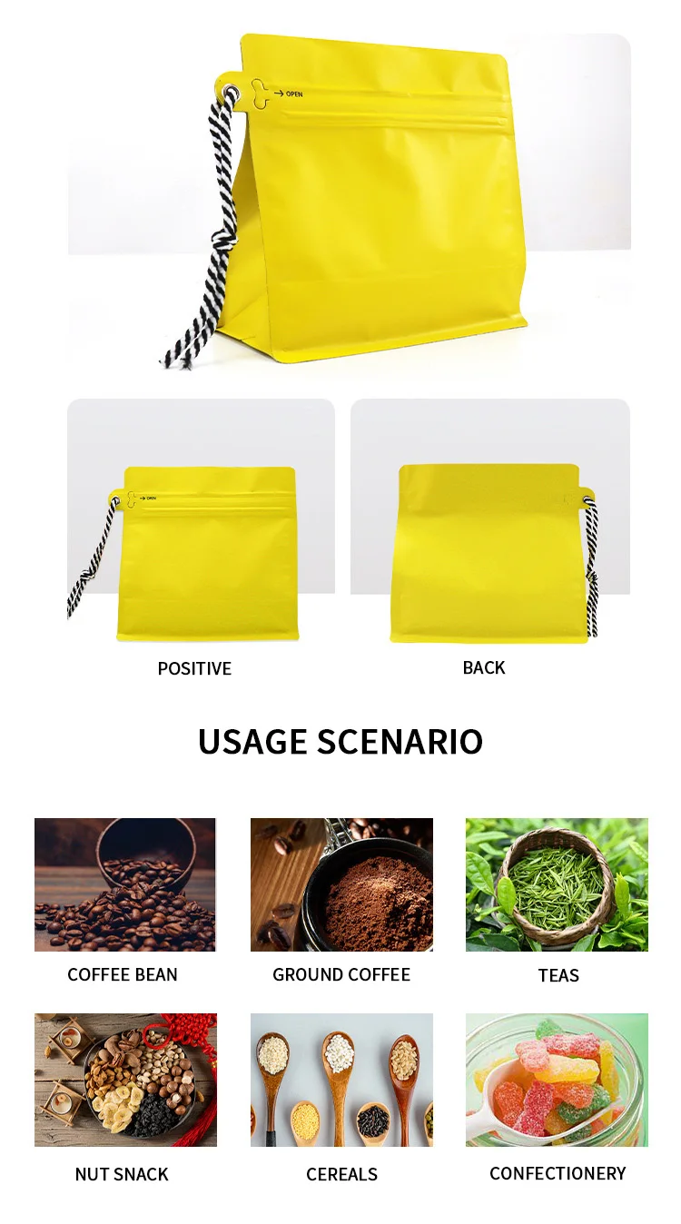 Cheap Custom Matte Eight Side Seal Square Coffee Bag With Lanyard and Air Valve Moisture-proof 125g 250g 500g Coffee Bag