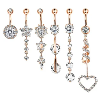 High Quality 6pcs/set Stainless Steel Body 316L Surgical Steel Sexy Dangle Belly Button Rings Women Girls' Navel Piercing Gift