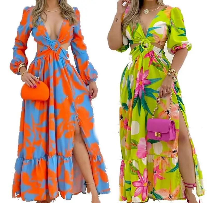 hot sale Women's Wear Is Designed Fashion Floral Printed Sun Dresses Cut Out High Waist Split Long Dress