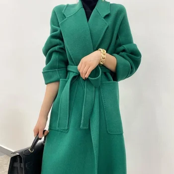 New fashion ladies winter cashmere wool coats women blend trench coat long overcoat wool coat with hood