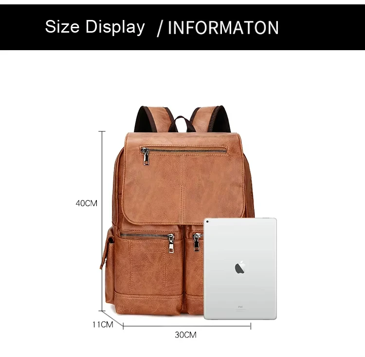 Multi Pockets Waterproof PU Leather Backpack Vintage Campus Bag S-shape Back Design Softback