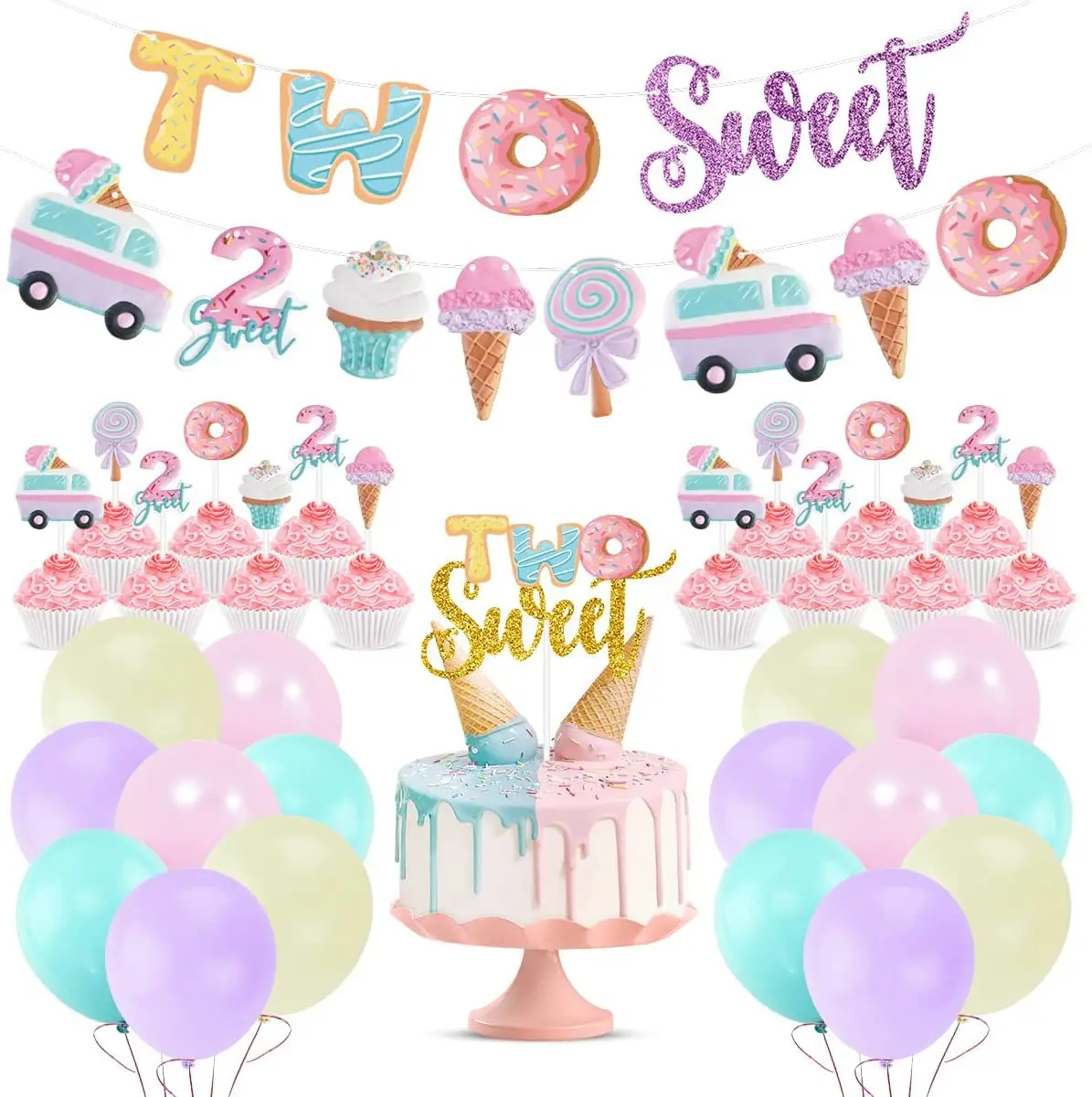 Two Sweet Baby Second Birthday Party Ice Cream Theme Decorations Macaron Balloons Banner Cupcake Toppers