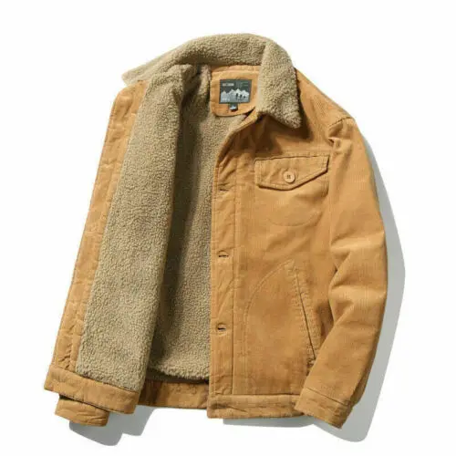 Mens Retro Corduroy Sherpa Trucker Jacket Fur Fleece Lined Classic Casual Coat