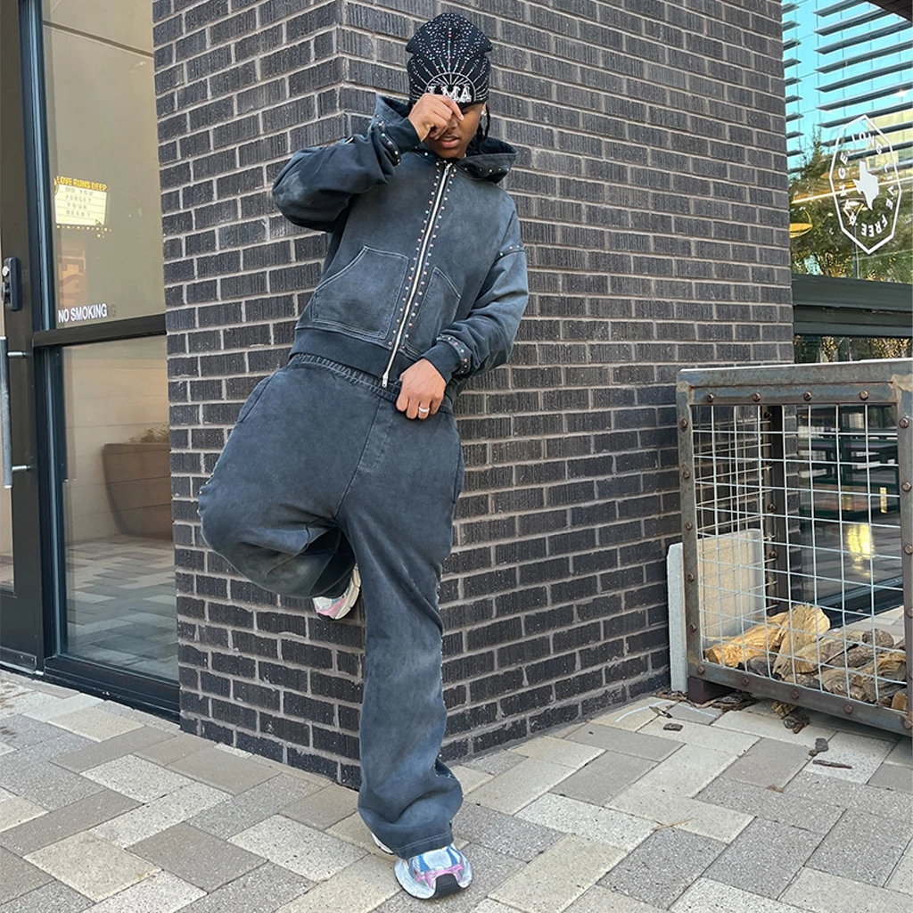 product mens hoodies rhinestone 100 cotton sweatpants and hoodie acid wash set oversized full zip up custom heavyweight for men-6
