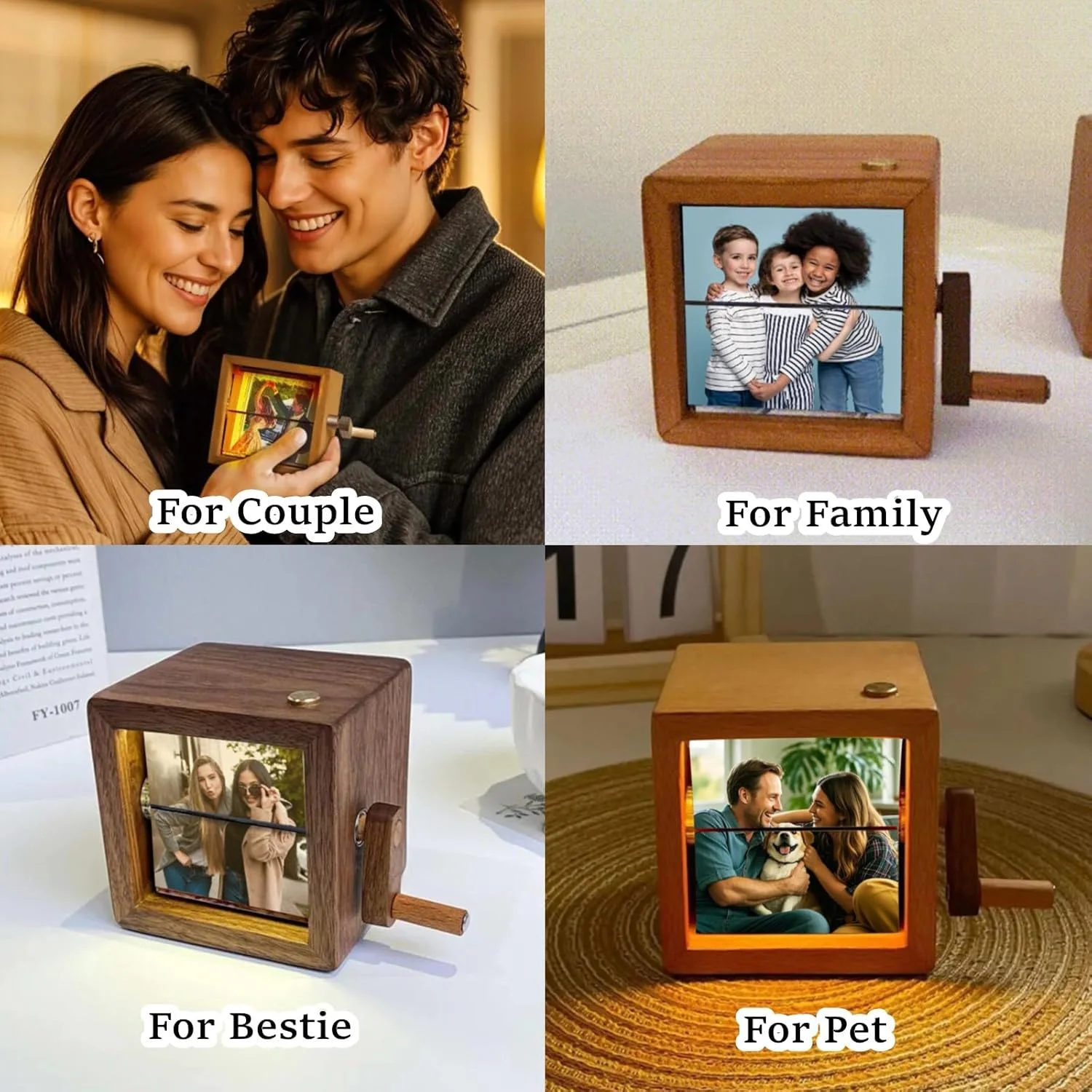 Custom Flip Book Frame Hand Crank Photo Album Personalized Lighted Photo Album Mini Wooden Flip Book for Couple Women Men