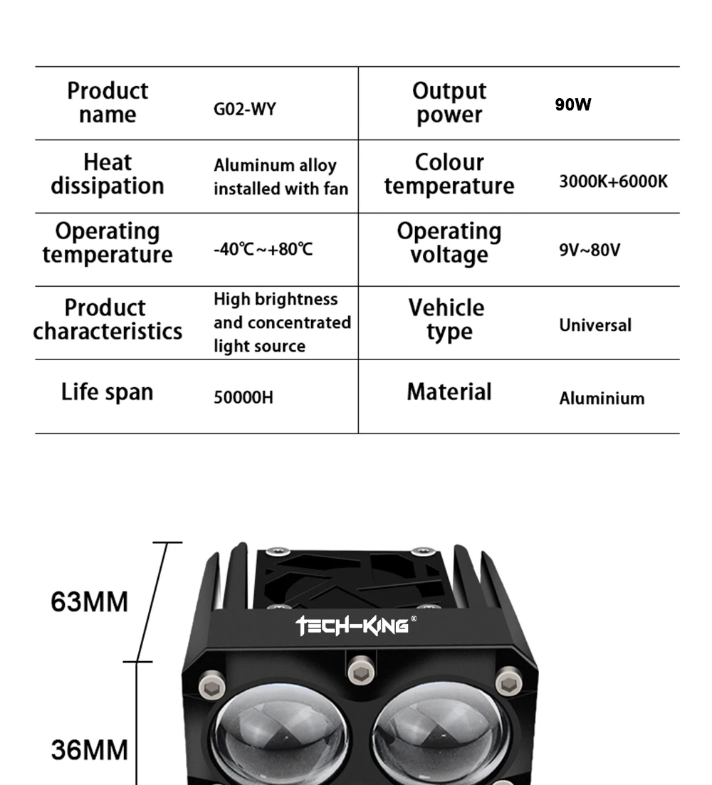 TECH-KING G02 Motorcycle parts 3 Colors All-In-One 90W Ip67 Waterproof Led Spotlight For Motorcycles Matrix Led Laser Spotlight