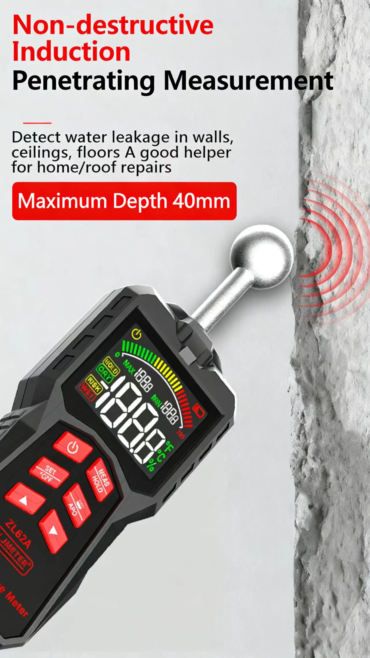 Inductive Wood Moisture Meter Hygrometer Non-contact Timber Damp Wall Detector Non-destructive Humidity Tester ZL62A 3AAA