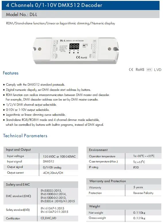 rdm数字显示dmx控制器4通道0/1-10v dmx512解码器