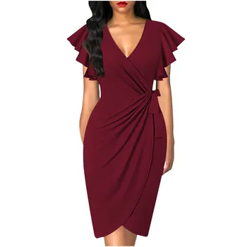 New Women's Summer Short Sleeve Printed V-Neck Short Sleeve Dress Twisted Waist Slim Drawstring Printed Solid Color wrap Dresses