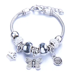 pandora bangle silver plated butterfly crown charm bracelet large hole beads adjustable snake chain pendant DIY bracelet for women