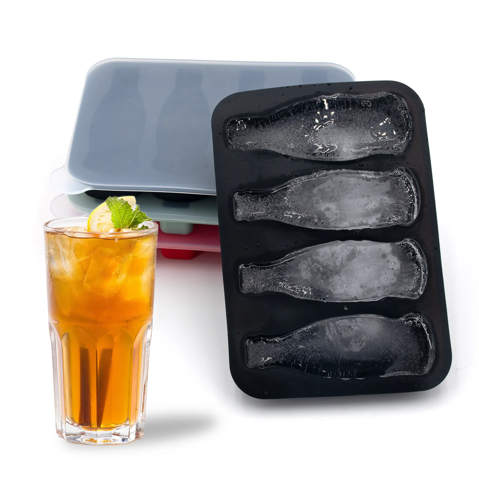 Reusable for Coke Bottle Shaped Silicone Ice Cube Mold 4 Grids DIY Ice Tray with Easy Demold Lid supplier
