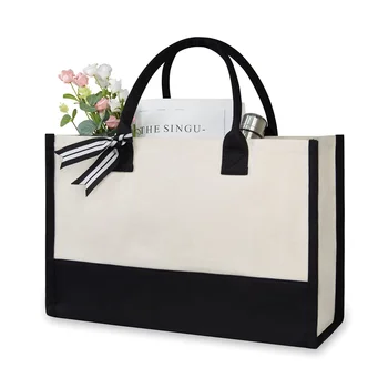 Fashionable Multi Purpose Color Women Handbags Cotton Shopping Beach Bag Two-tone Canvas Tote Bag Wit Black Handles