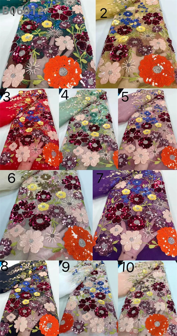 Colorful Floral Beads Embroidered Lace African Sequins Mesh Fabric Wed