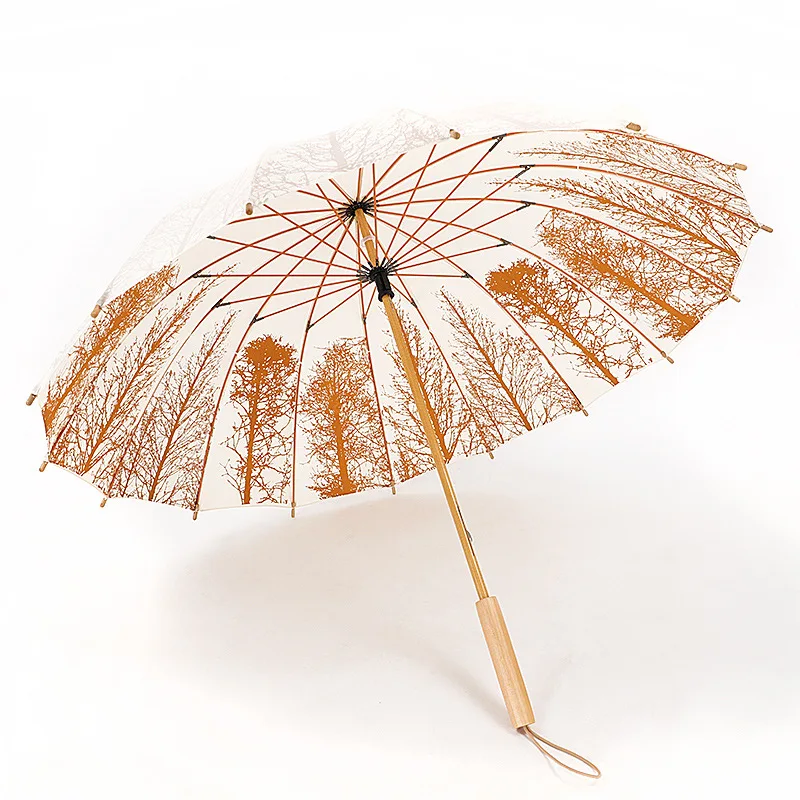 WHY417 Wooden Handle Straight Umbrella Double Sunshade Rainy Umbrella Customize Logo Advertising 16k Windproof Umbrella