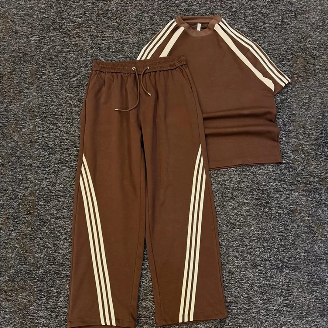 product 100 cotton custom streetwear tracksuit men oversized silhouette screen print t shirt casual sweatpants two piece set722-5
