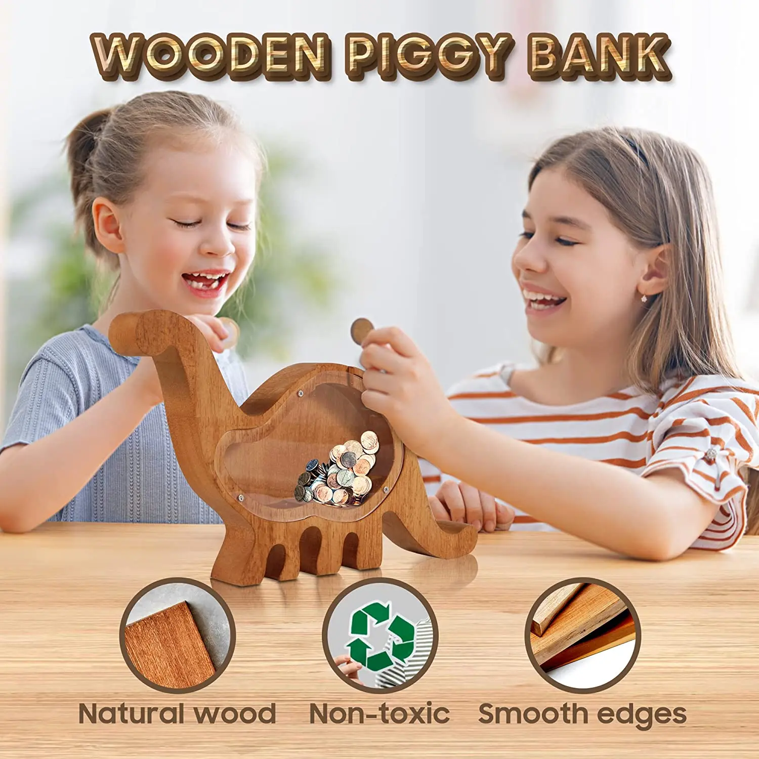 Custom Wooden Cartoon Transparent Piggy Coin Bank Kids Money Saving Storage Cash Collecting Box Safe Surprise Gift