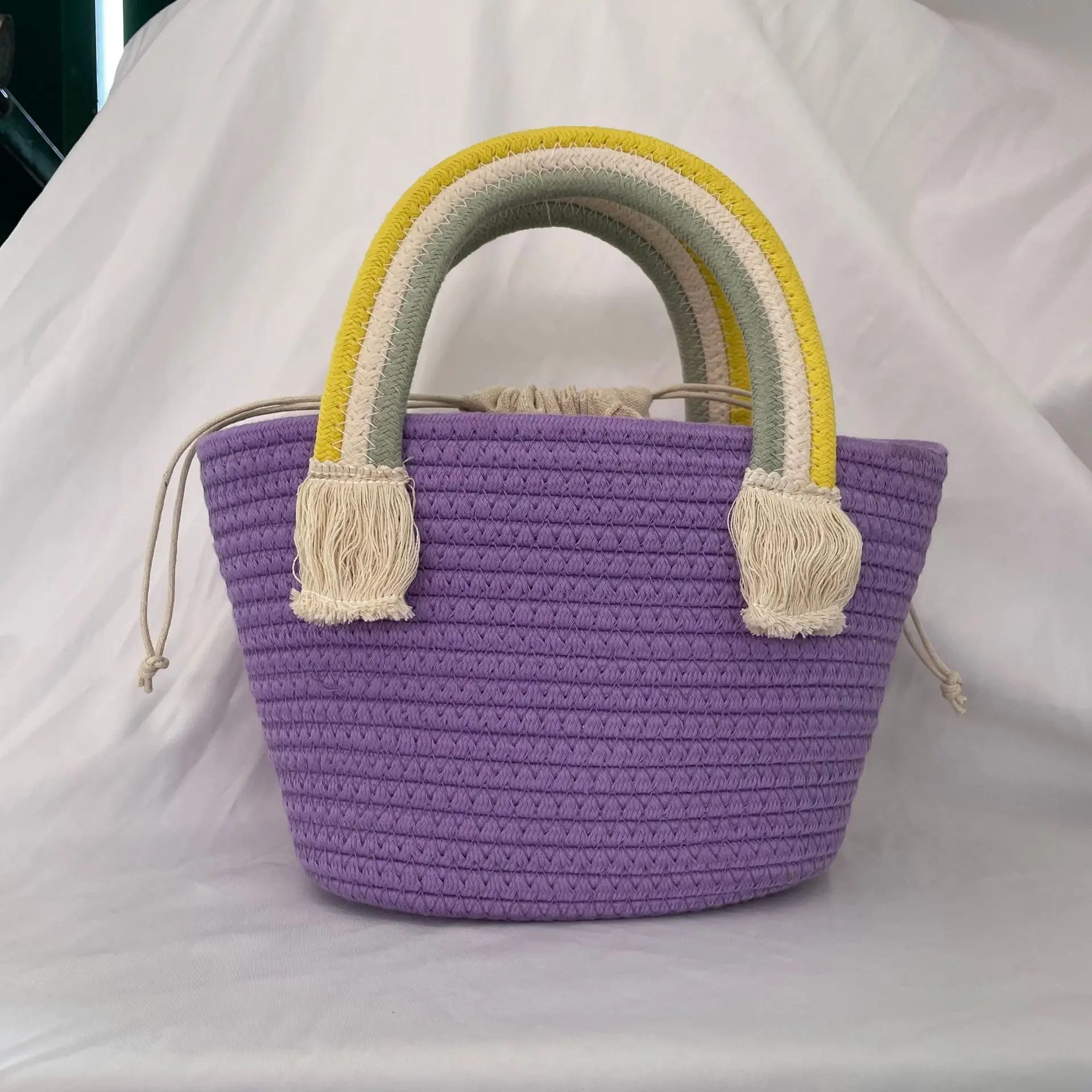 Carrying rainbow cloud parent-child bag cotton yarn children's woven bag seaside holiday beach bag