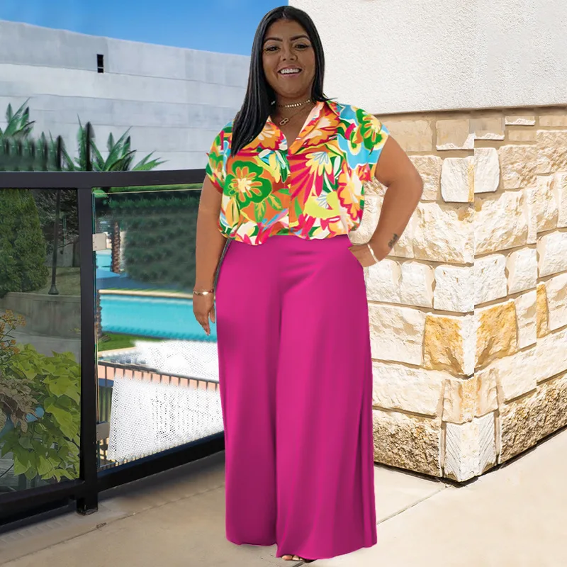 new women plus size 2 piece set clothing up to 5xl floral print short sleeved top pants sets for women two pieces