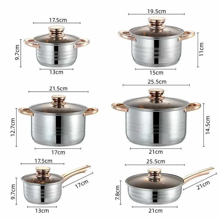 Stainless steel gold handle non stick pot, five layer pot bottom, 12 piece set pot, stainless steel set pot.