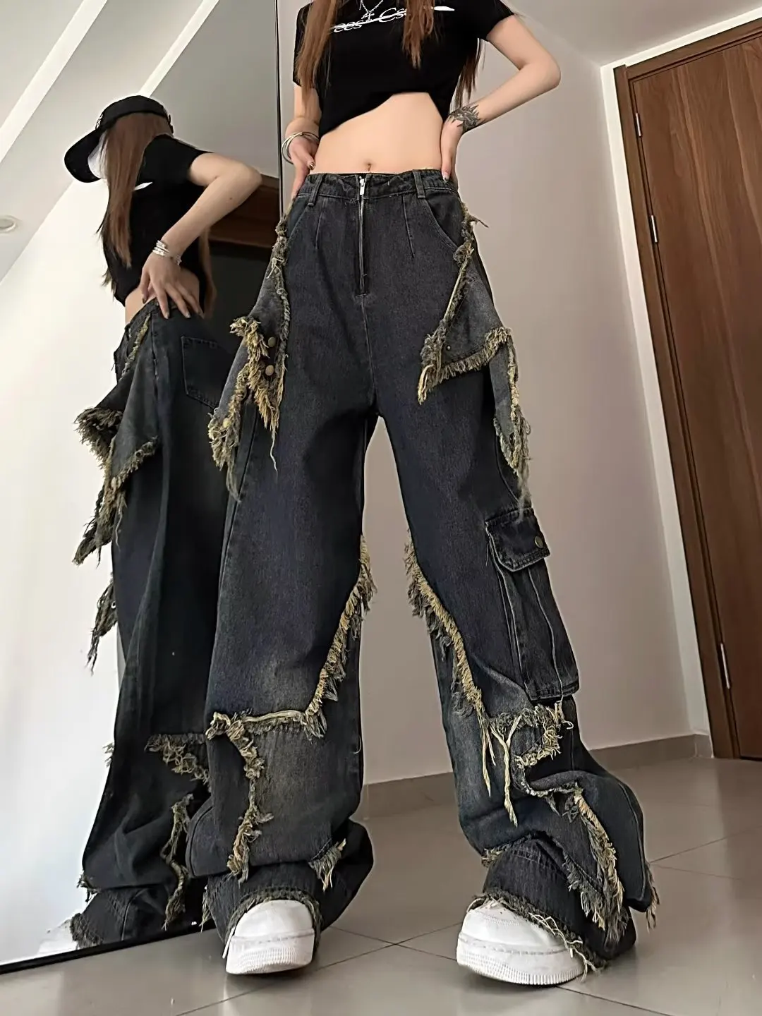 American Vintage Mid Loose Slim Denim Jeans Women Spring Design Frayed Hems Floor-Length Straight-Leg Wide-Leg Trendy Pants details