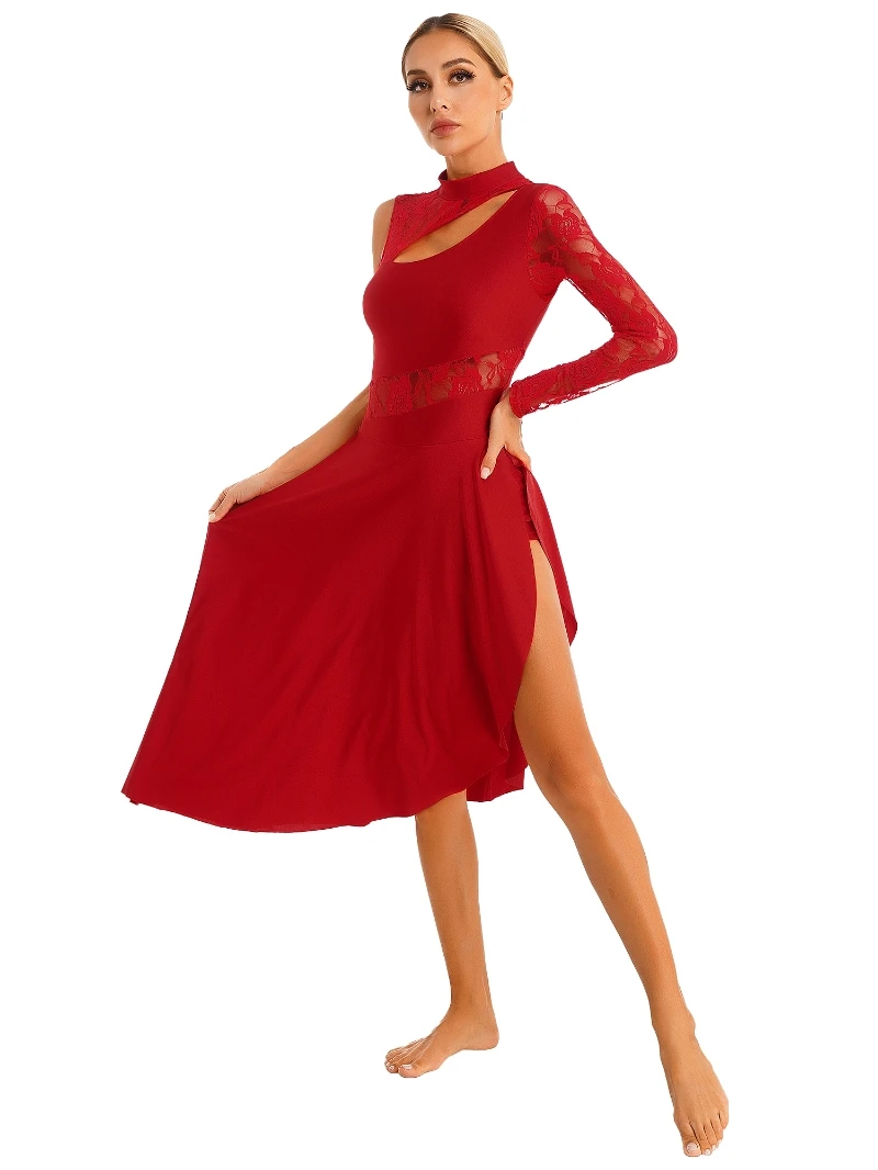 Womens Dance Costumes Sheer Lace Cutout Dance Wear One Shoulder Long