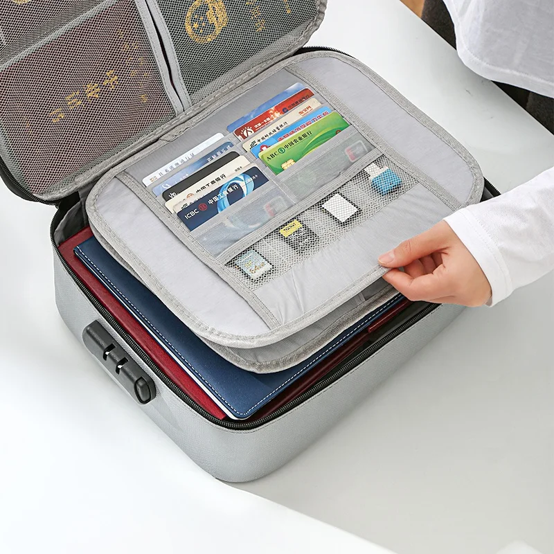 High Quality Portable Multi functional Fireproof Document Bag with Lock 2/3 Layers Travel Organizer Bag for Documents