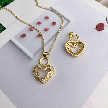 Lovely Heart Shape Minnie Mouse Hollow Pendants Stone Pave Jewelry Necklace Charms