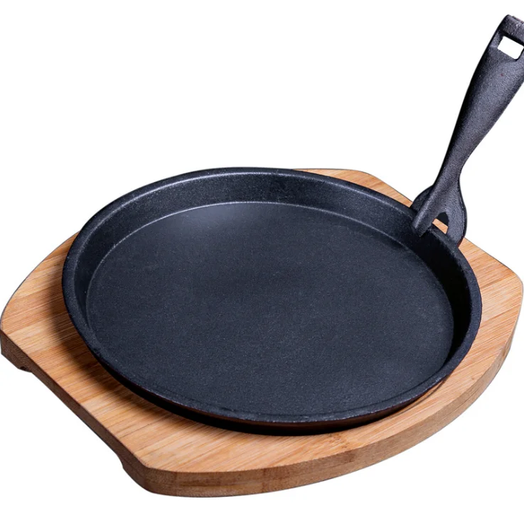 Round Cast Iron Food Serving Dish Skillet On Wooden Base Platter Sizzler 15cm 