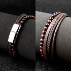 Popular Bangle Amazon Popular Beaded Stainless Steel Black Brown Multi-layer Leather Woven Bracelet Bangle