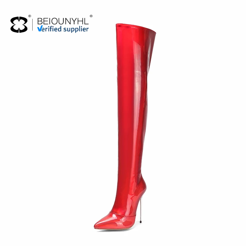 2023 New Lacquer Leather High Heel Knee Length Boots High Heel Pointed Laser Colorful Boots Night Club Show Fashion Shiny Boots