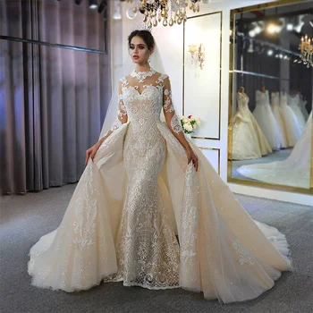 NS3772 Custom Sweetheart Champagne Slim Fit Removable Trailing Mermaid Bridal Wedding Dress