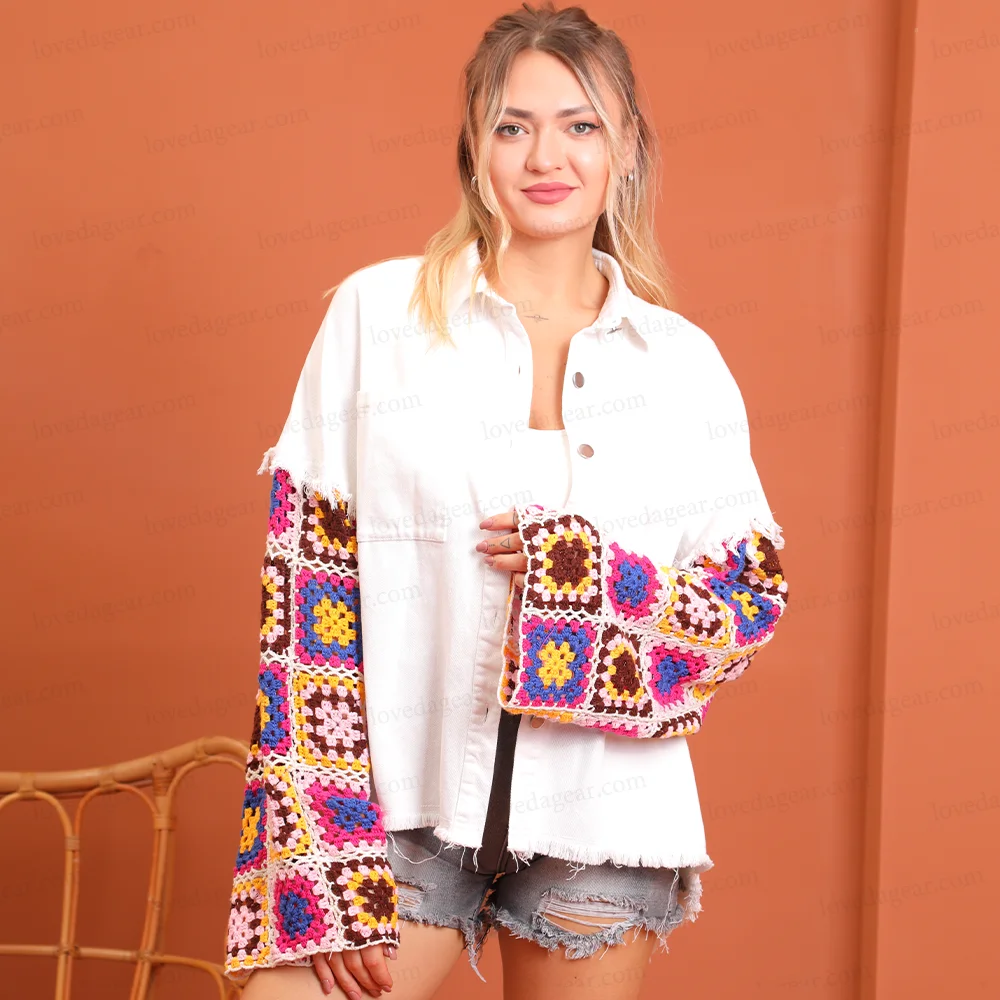 Custom Western Vintage Denim Twill Crochet Sleeve Floral Para Mujer a Cuadros Jacket Shackets for Women