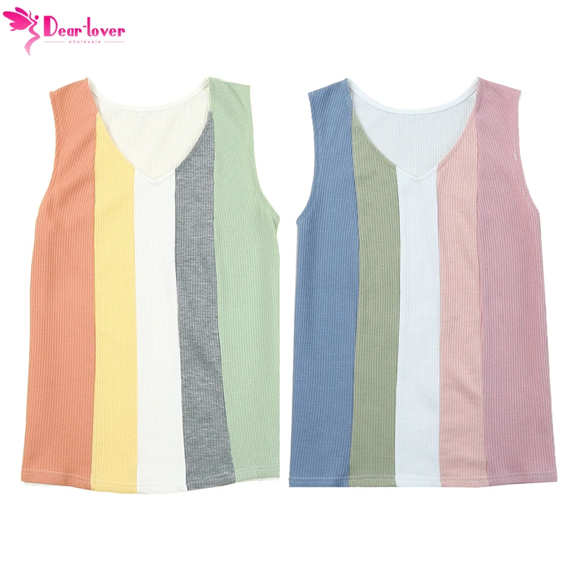 Dear-Lover Custom Private Label Fashionable Summer Women Clothing Multicolor Color Block V Neck Waffle Knit Tank Top In Bulk