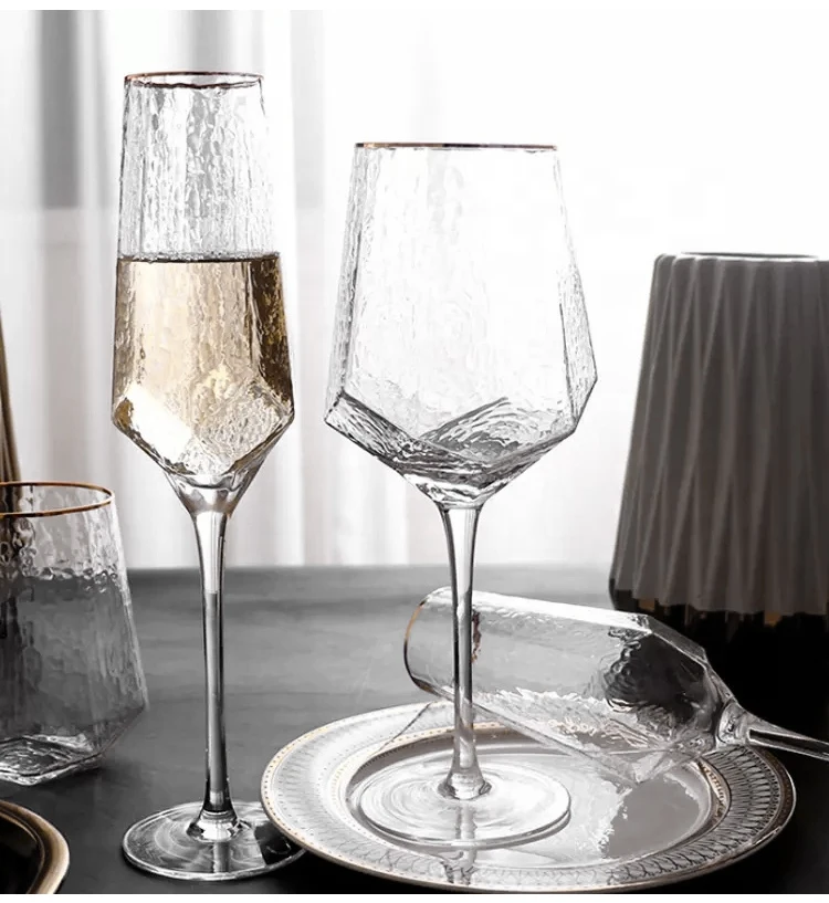 Wholesale champagne wine glasses clear gold trim glass wine