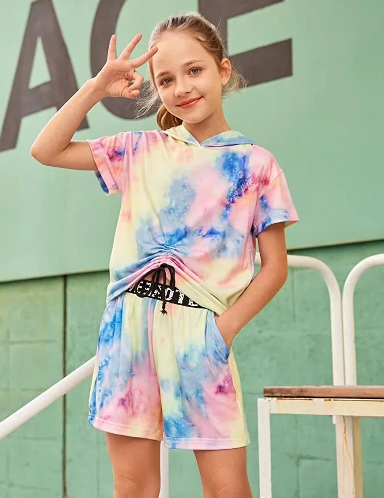 Best Selling Home Wear Girls Clothing Sets Daily Wear Crop Tops With Tie Dye Hoodies Children High Waist Sweatpants