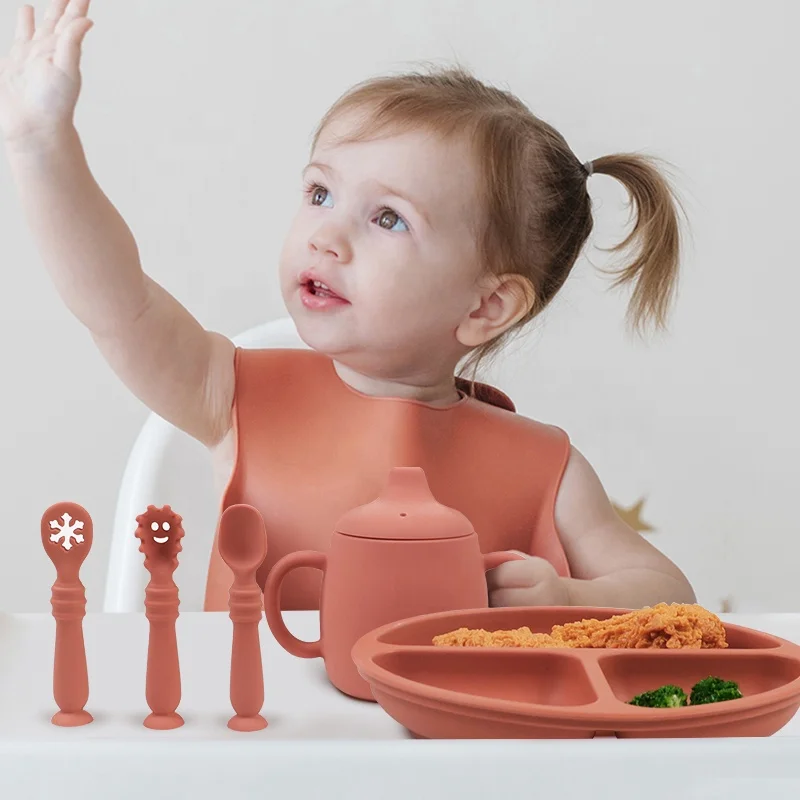 Wellfine BPA Free Silicone Baby Feeding Set Silicone Dinnerware Baby Bib Plate Spoon Snack Cup