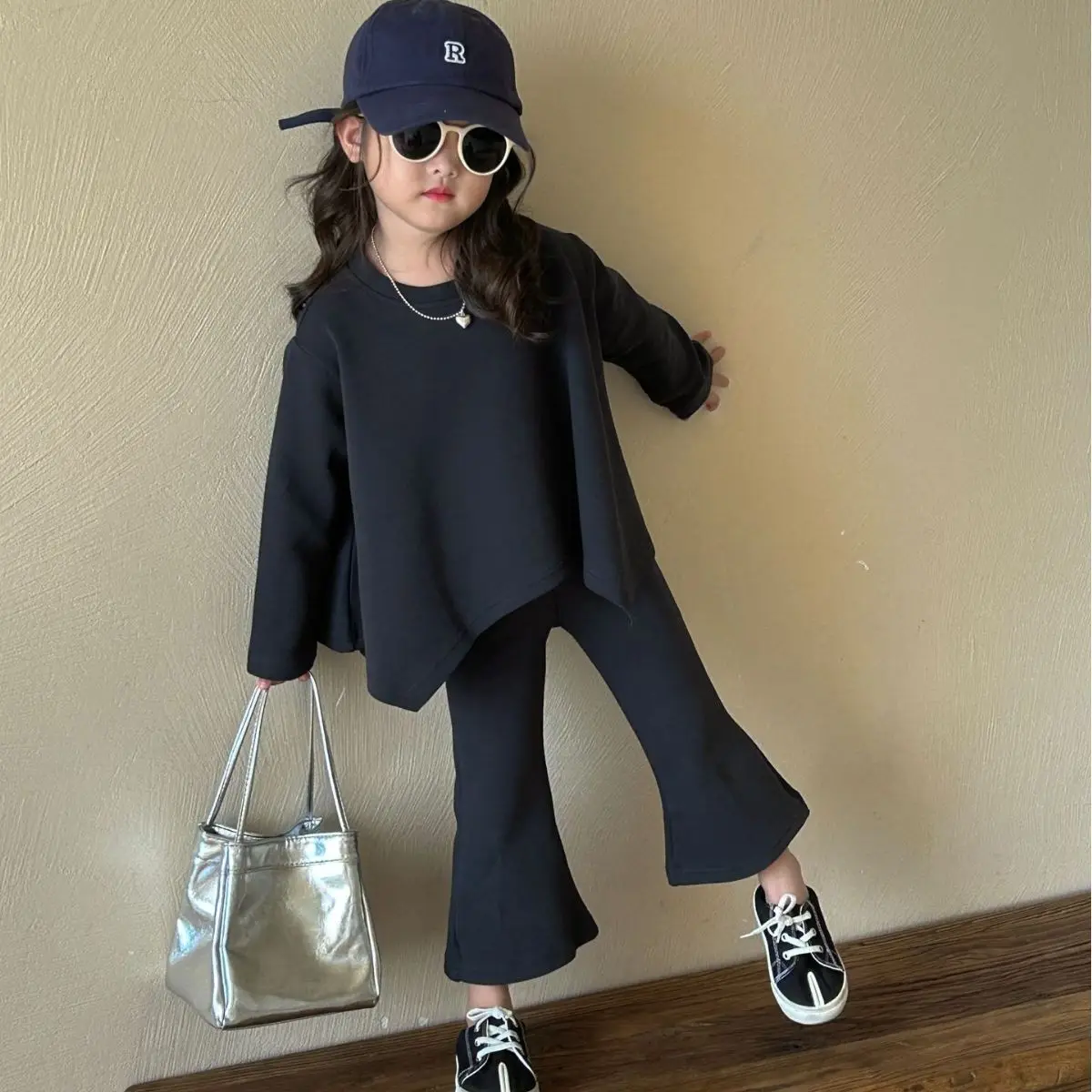 2023 autumn new children's clothes for girls irregular hem hoodie + flare pants for girls two-piece set