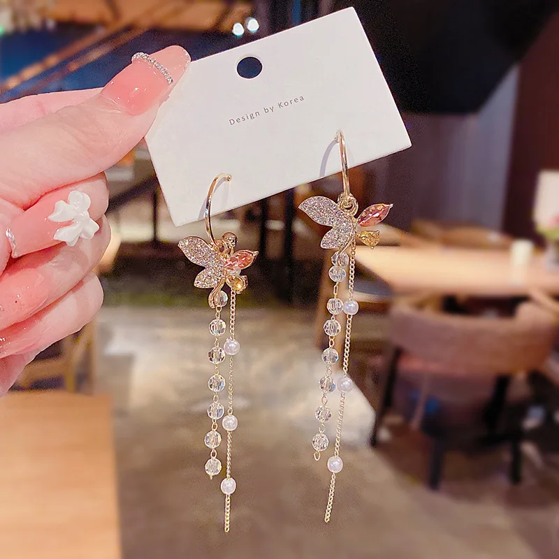 long tassel crystal Butterfly earrings women light luxury Fashion earring jewelry personality temperament earrings
