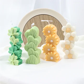 Malposed Stripy Heart Cactus Silicone Molds for Candle Daisy Stick Aroma Soap Tool Lucky Four Leaf Clover Resin Mould for Crafts