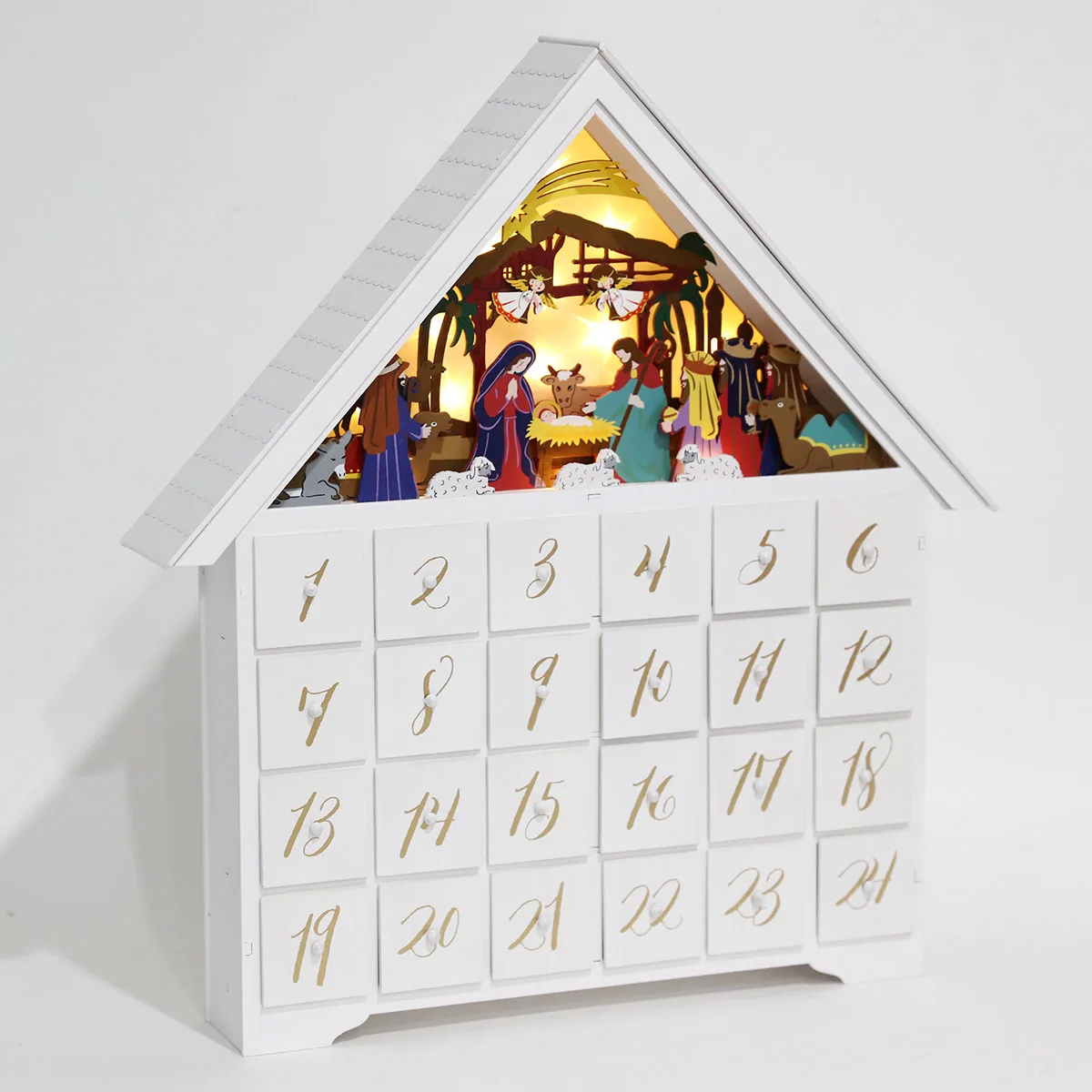 Christmas Wooden Advent Calendar Nativity Scene Large House With