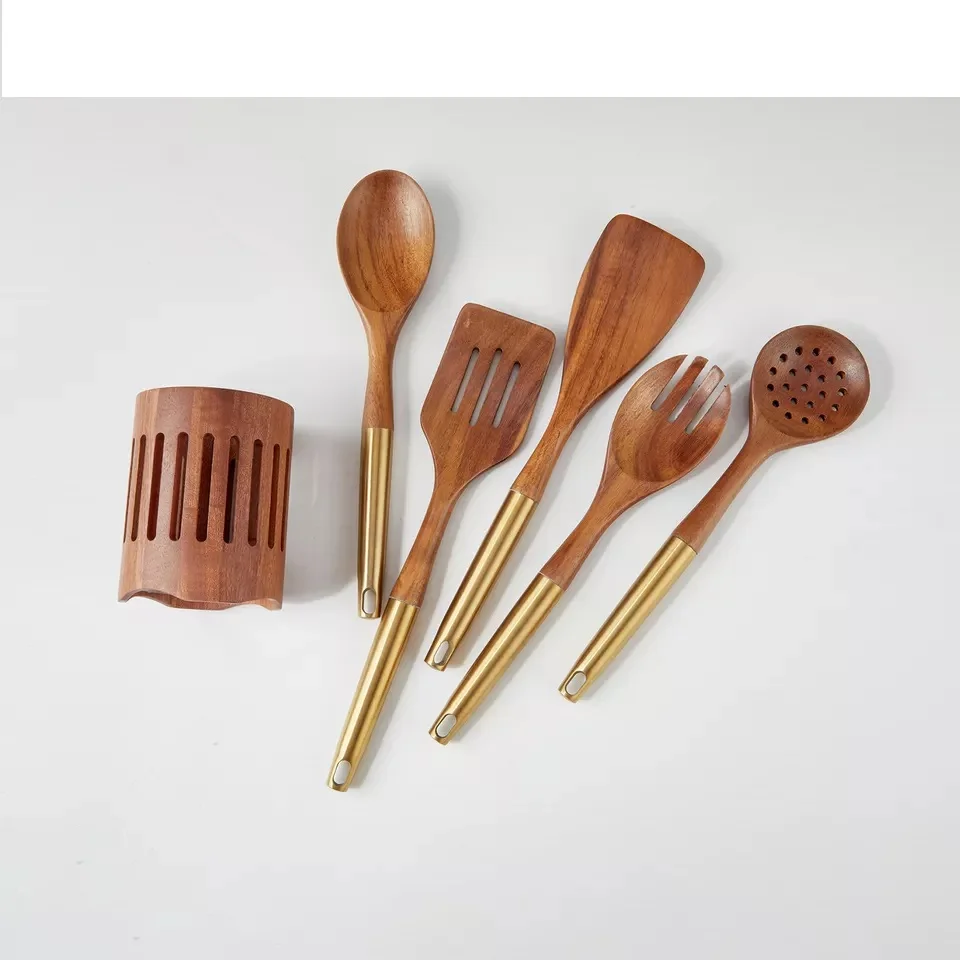6-Piece Set of Wooden Kitchen Accessories with Gold Stainless Steel Handle Cooking Gadgets and Utensils
