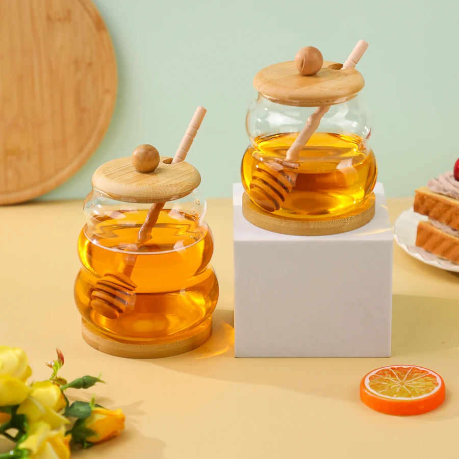 High Borosilicate Tea Kernels Spice Snack Food Container Jar 330/450ml Round Honey Glass Storage Jar with Bamboo Lid and Spoon