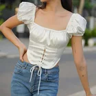 Women Top New French Square Collar Hollow Eyelet Tethered Puff Sleeve Short-sleeved Blouse Women Top