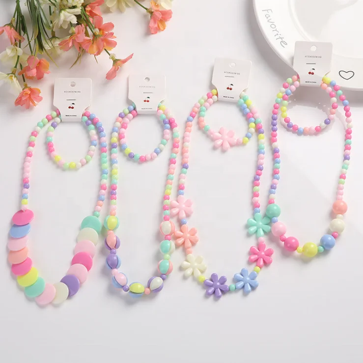 1Set Girl's Wooden Flower Heart Animals Beads Necklace&Bracelet Kid Jewelry Set 