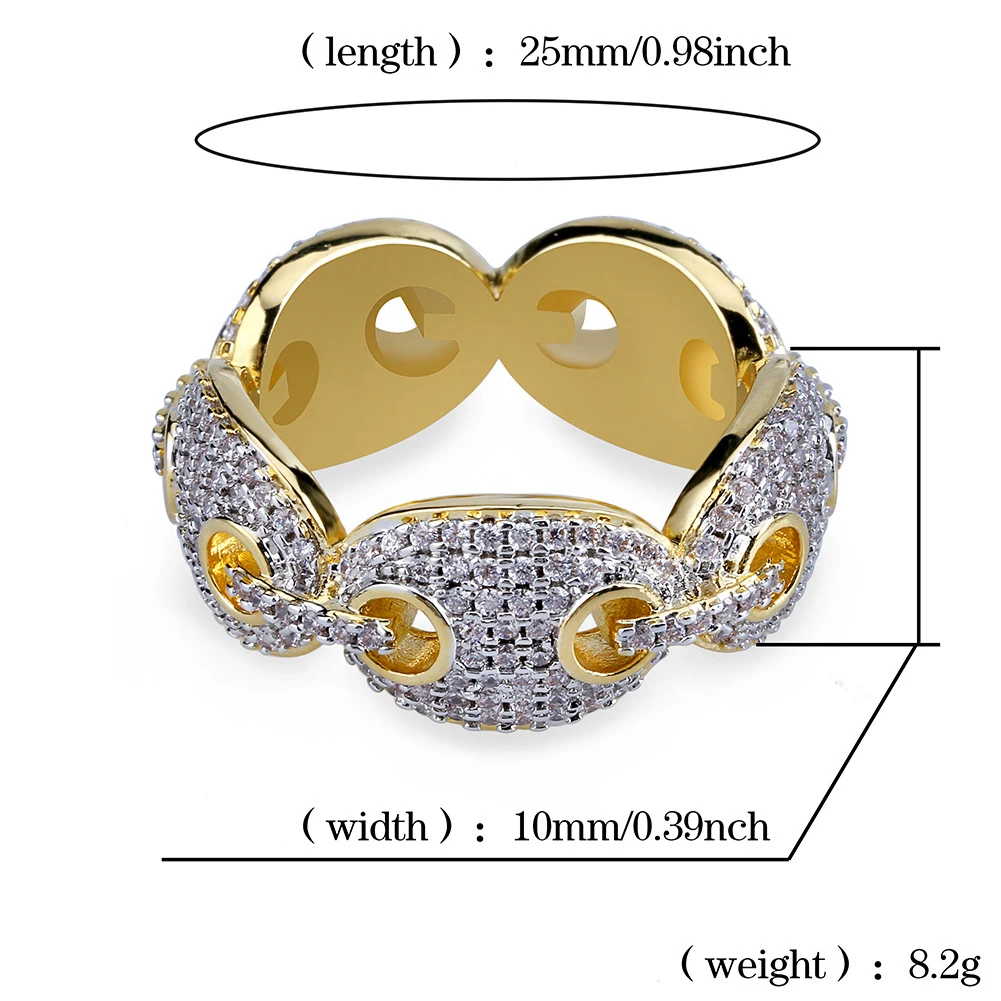 wholesale classic button linked chain hip hop rings 18k Bling Bling Iced Out Round Ring Cool diamond ring